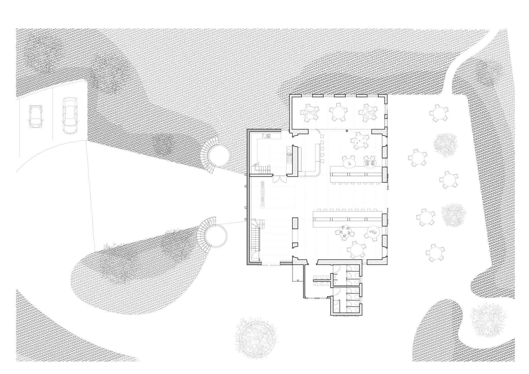 Interior of the converted barn with exposed structure